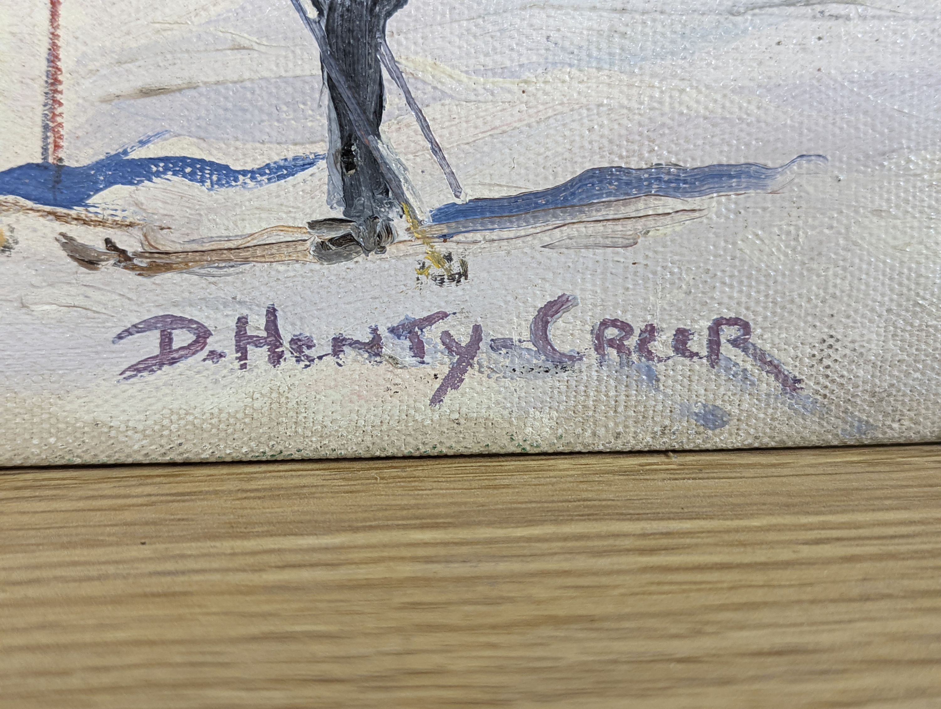 Deidre Henty-Creer (1918-2012), oil on board, Alpine landscape with skiers, signed, 40 x 50cm, unframed